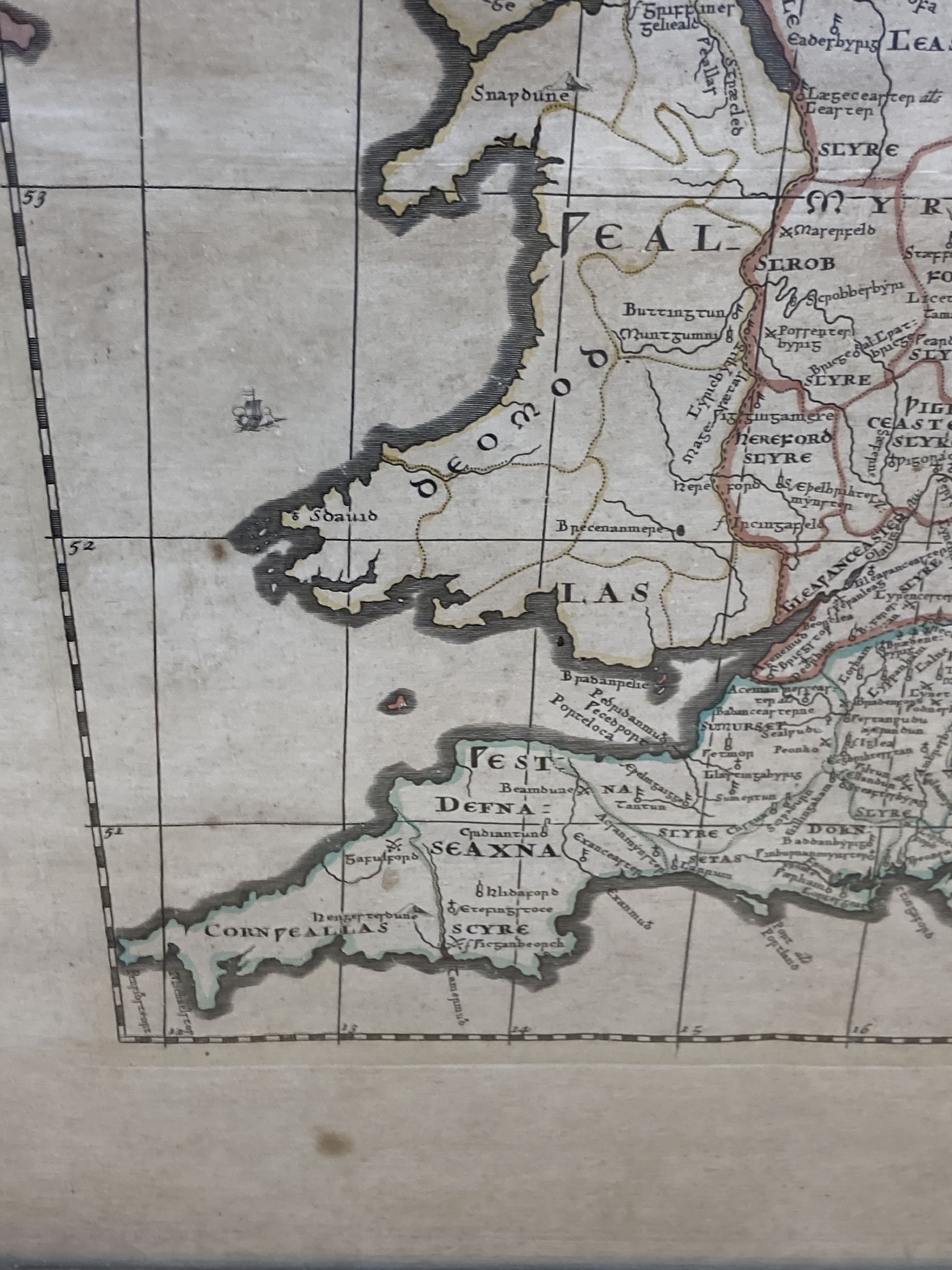 Robert Morden, a coloured engraved map Britannia Saxonica c.1722, overall 50.5 x 40.5cm